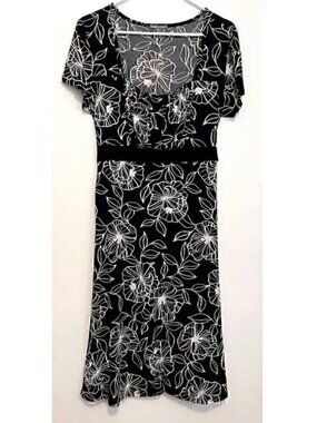 APT. 9 Stretch Black Cream Floral Tie Bow Back Below Knee Midi Fit & Flare Dress